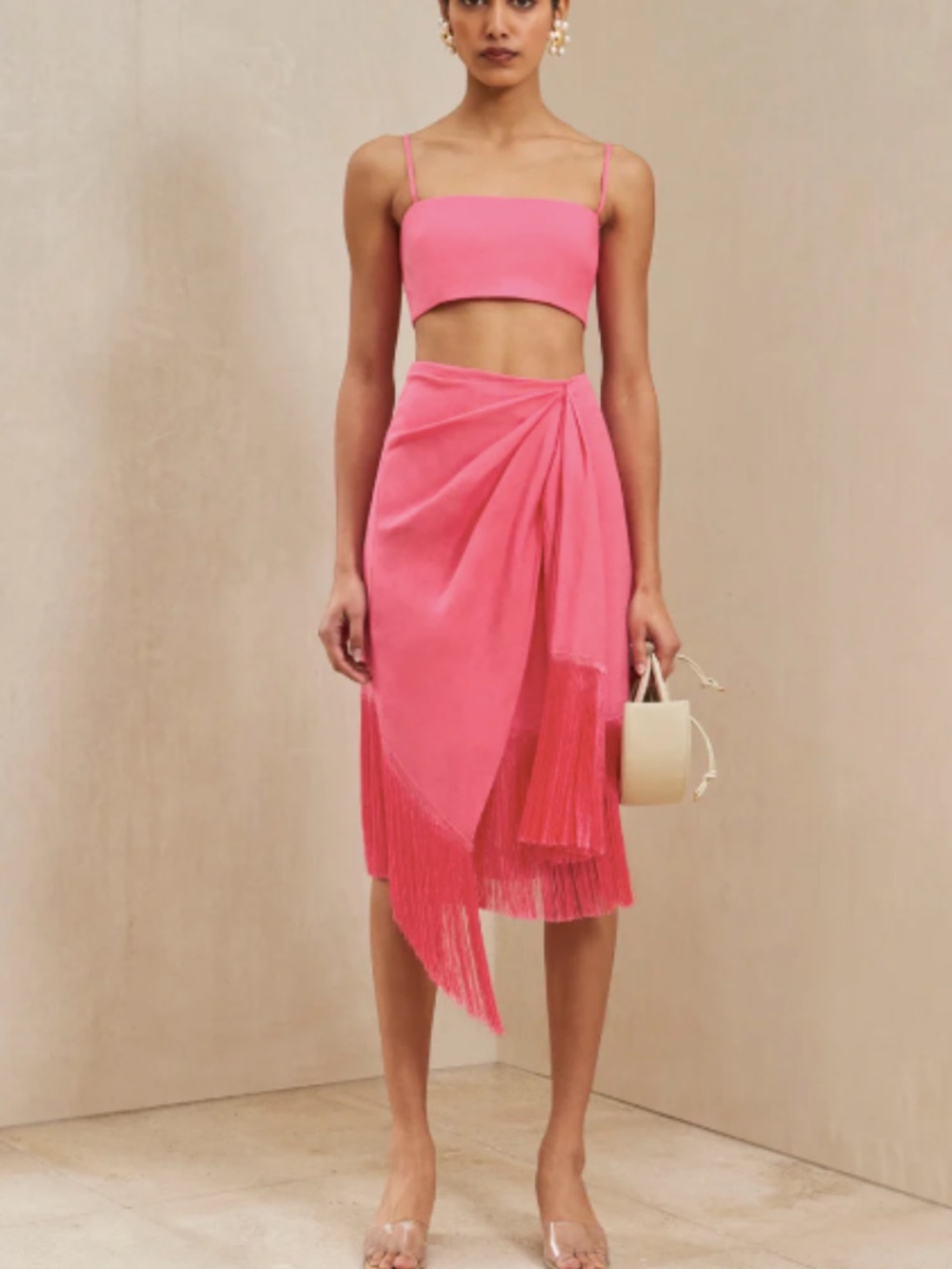 cult gaia Pink Fringe Wrap Midi Skirt Set